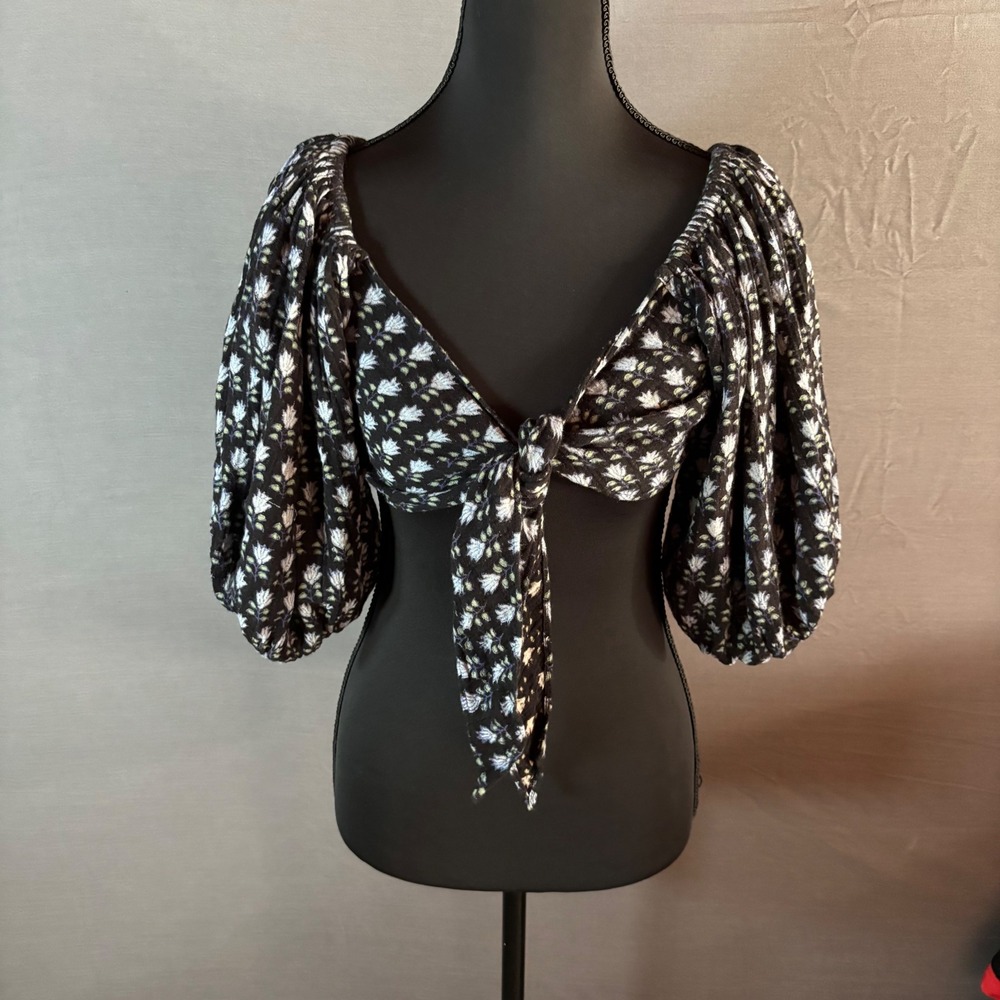 ANAAK Floral Tie Front Crop Top Blouse Women's Size L Puff Sleeve Black‎